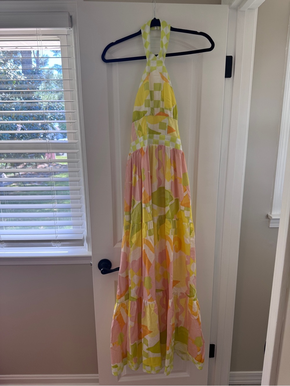Summer Halter Maxi Dress in Lemon Yellow and Blush Sabo